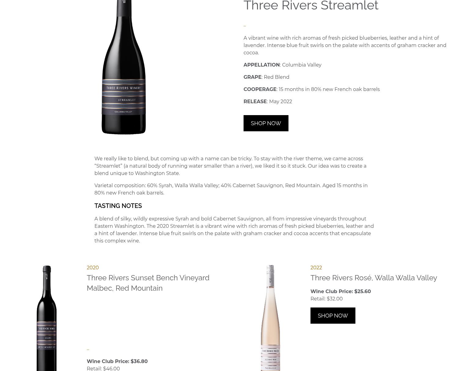 Three Rivers Winery Menu