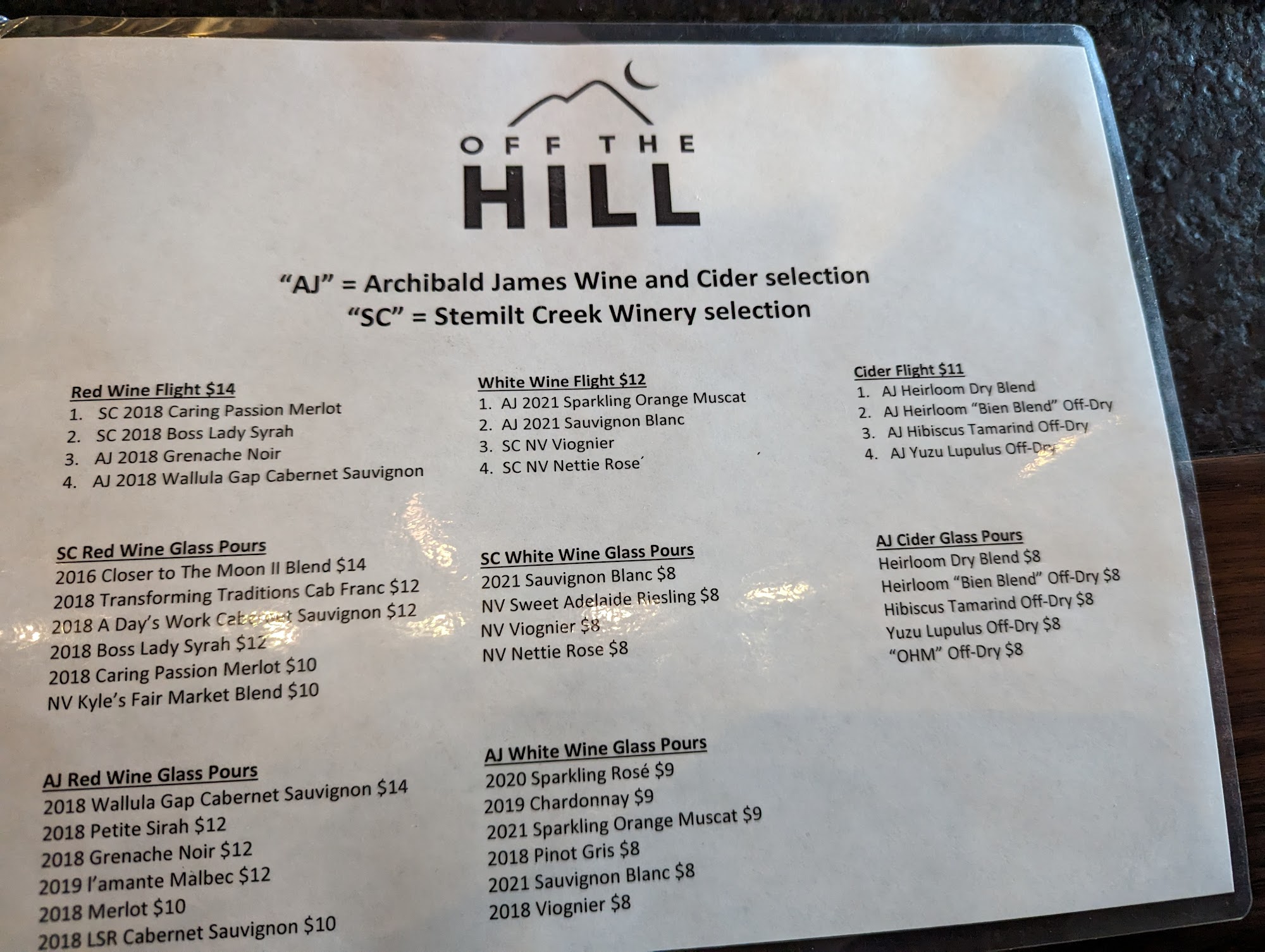 Stemilt Creek Winery Menu
