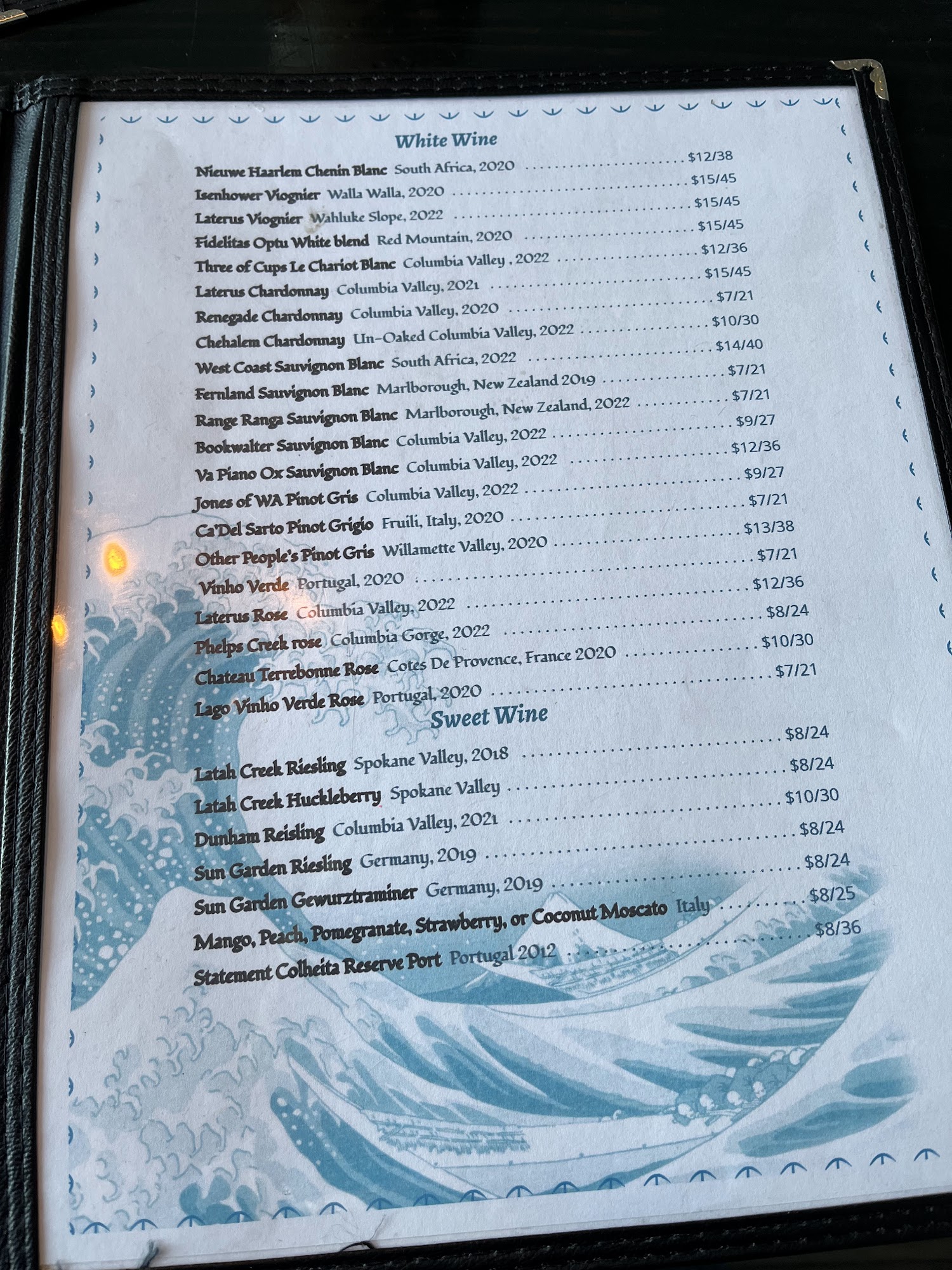 Westhaven Wines Menu