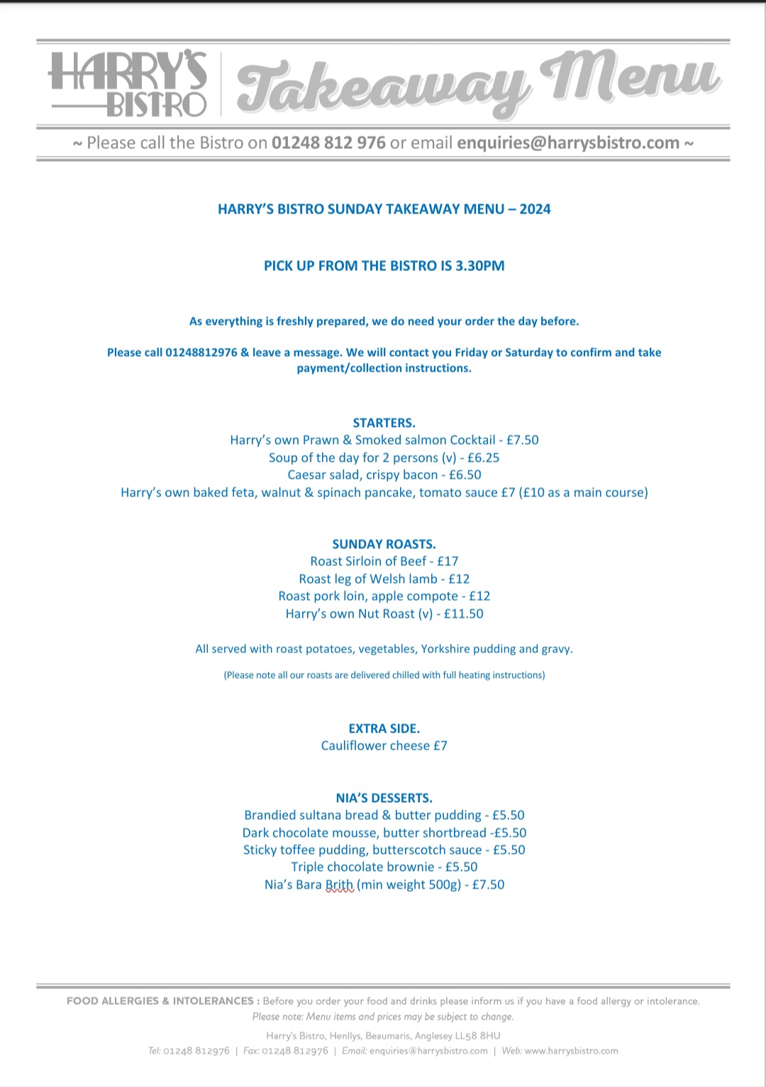 Harry's Bistro Menu