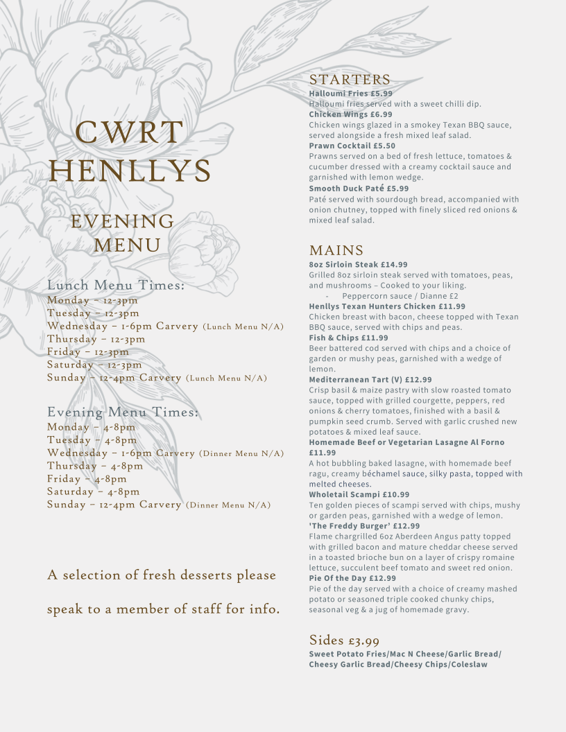 Cwrt Henllys Hotel Menu