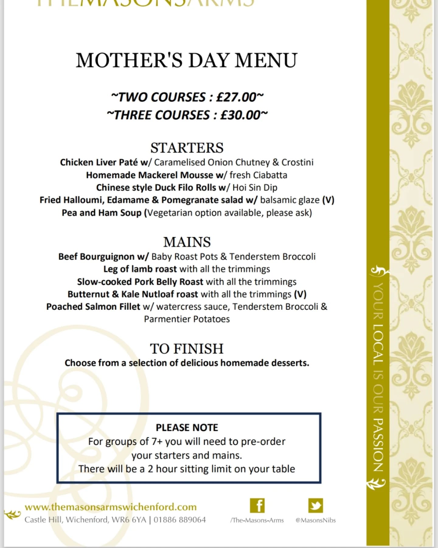 The Masons Arms Menu