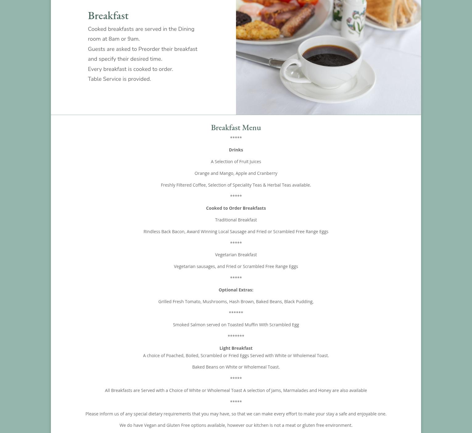 Estuary Lodge Motel Menu