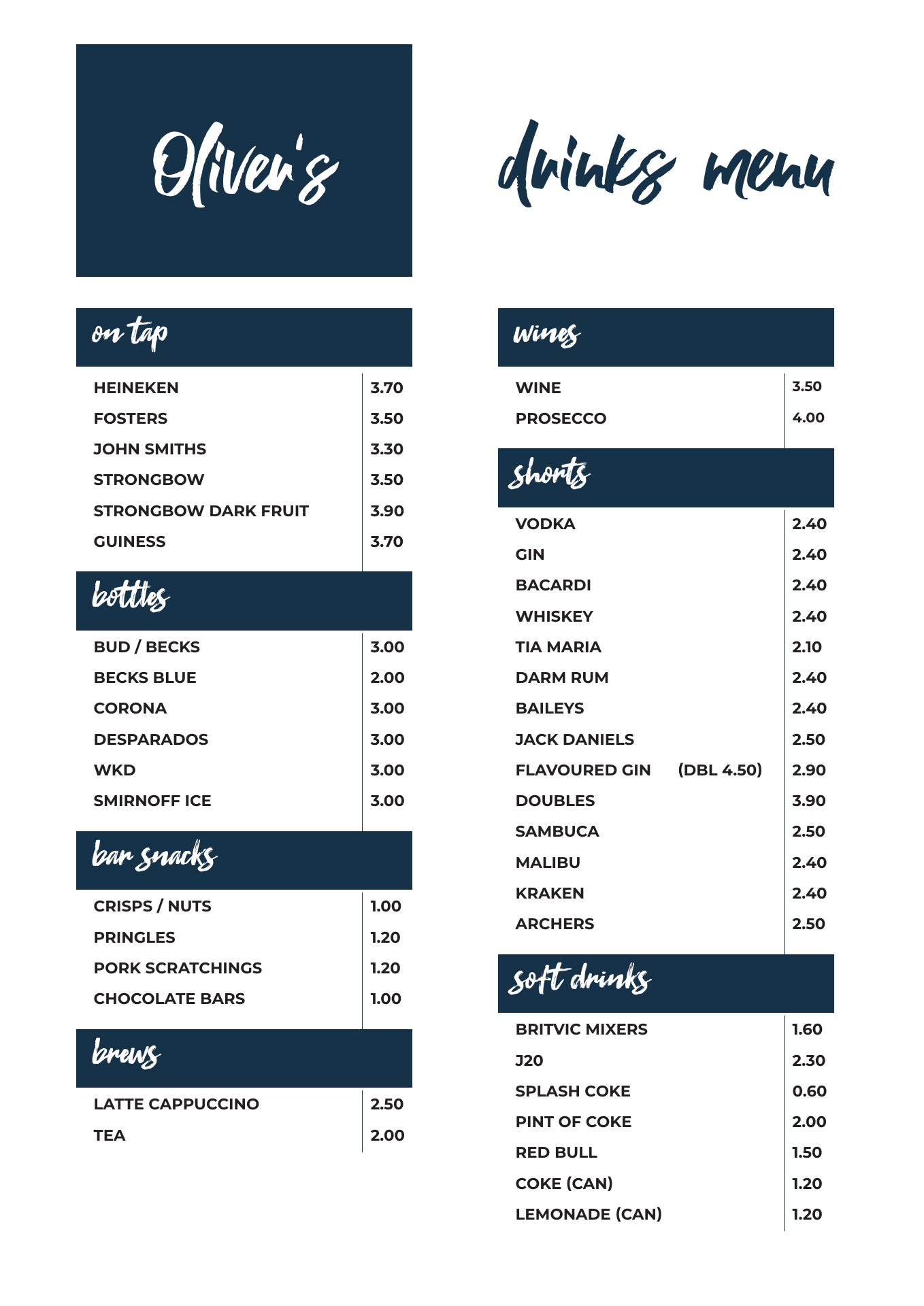 Oliver’s Bar Menu