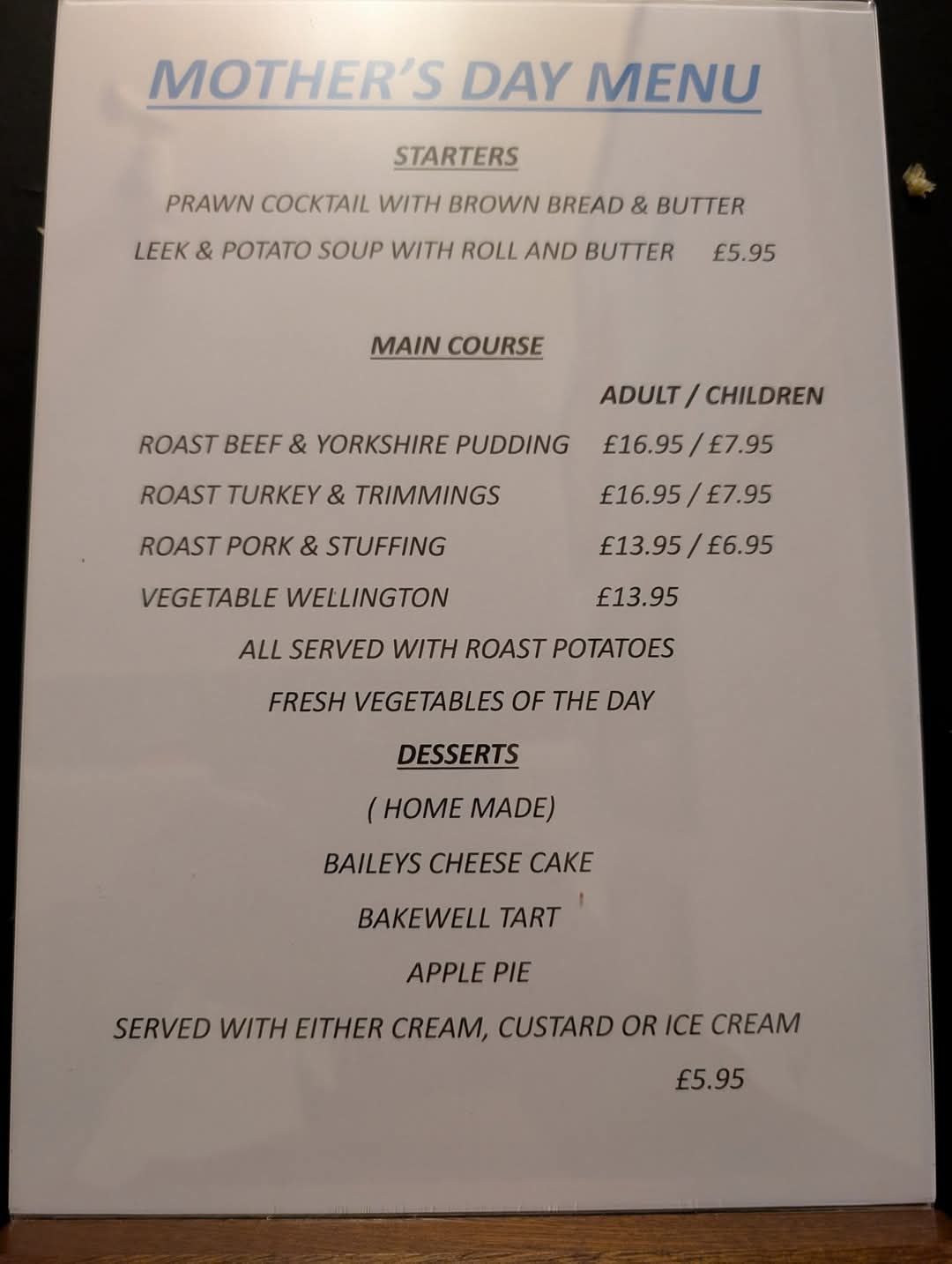 The Red Lion Menu