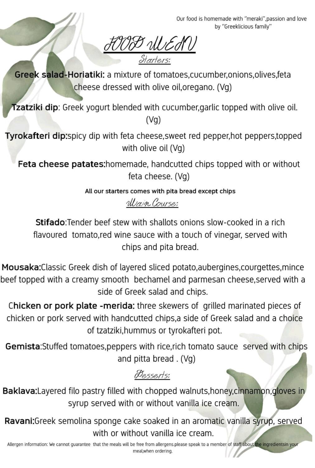 Tŷ Mawr Hotel Menu