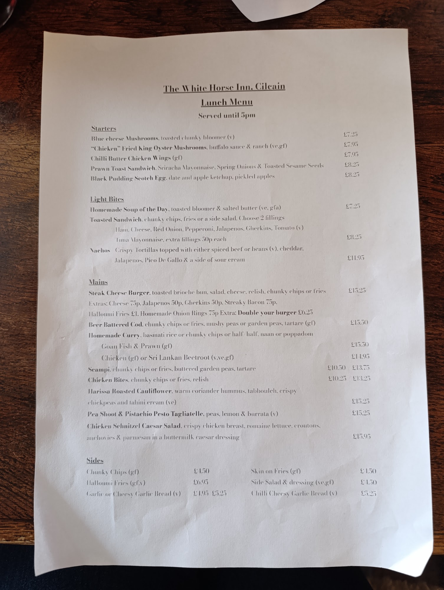 The White Horse Inn Menu