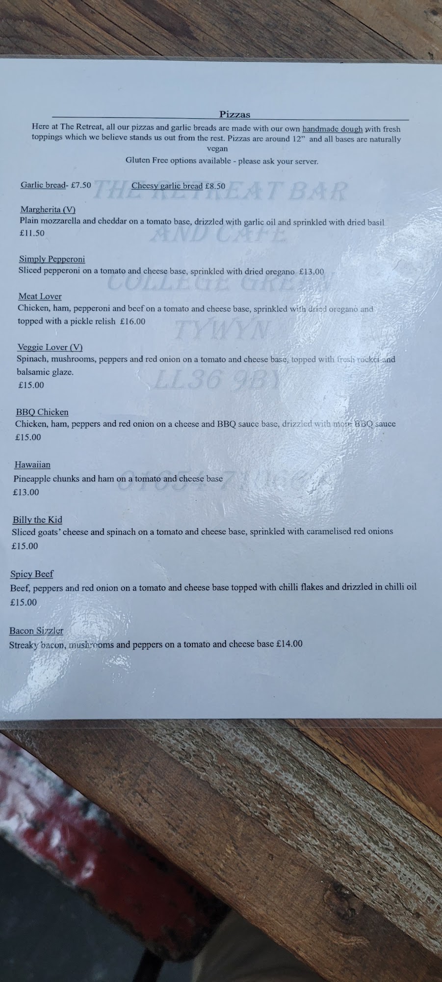 The Retreat Bar & Cafe Menu