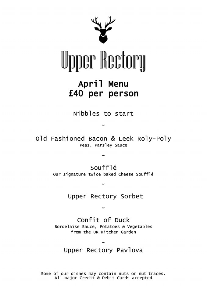 Upper Rectory Restaurant & Shepherds Hut Accommodation Menu