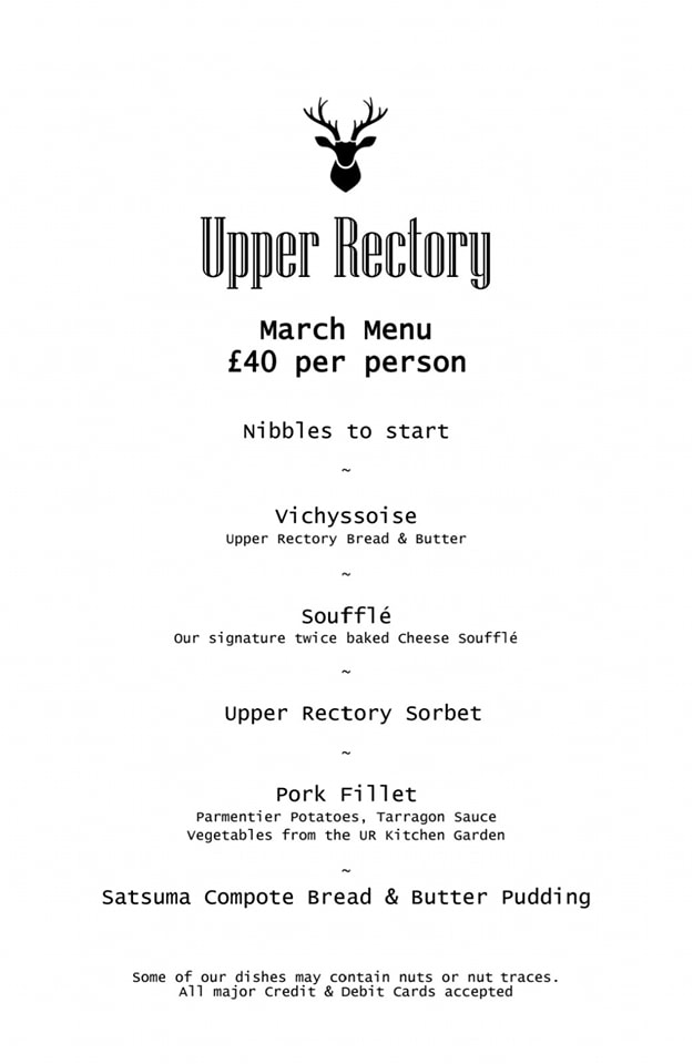 Upper Rectory Restaurant & Shepherds Hut Accommodation Menu
