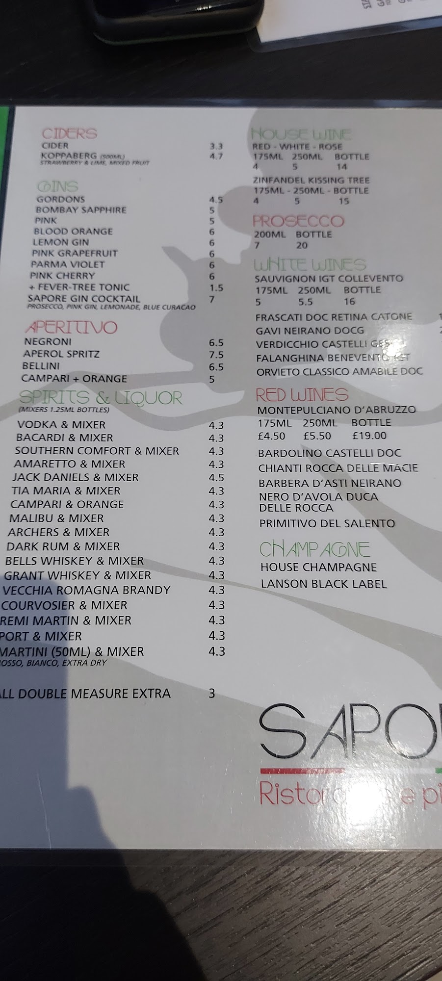 Sapore Menu