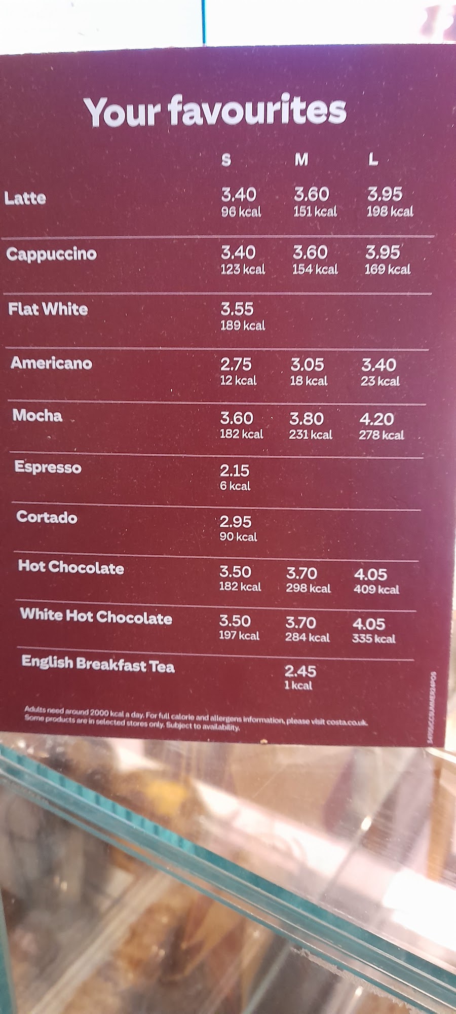 Costa Coffee Menu