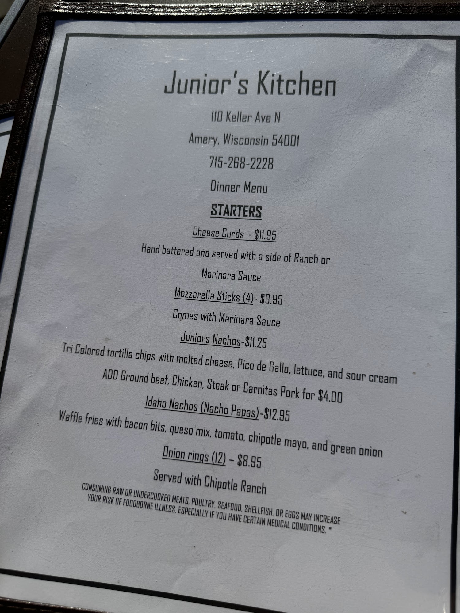 Junior's Kitchen Menu