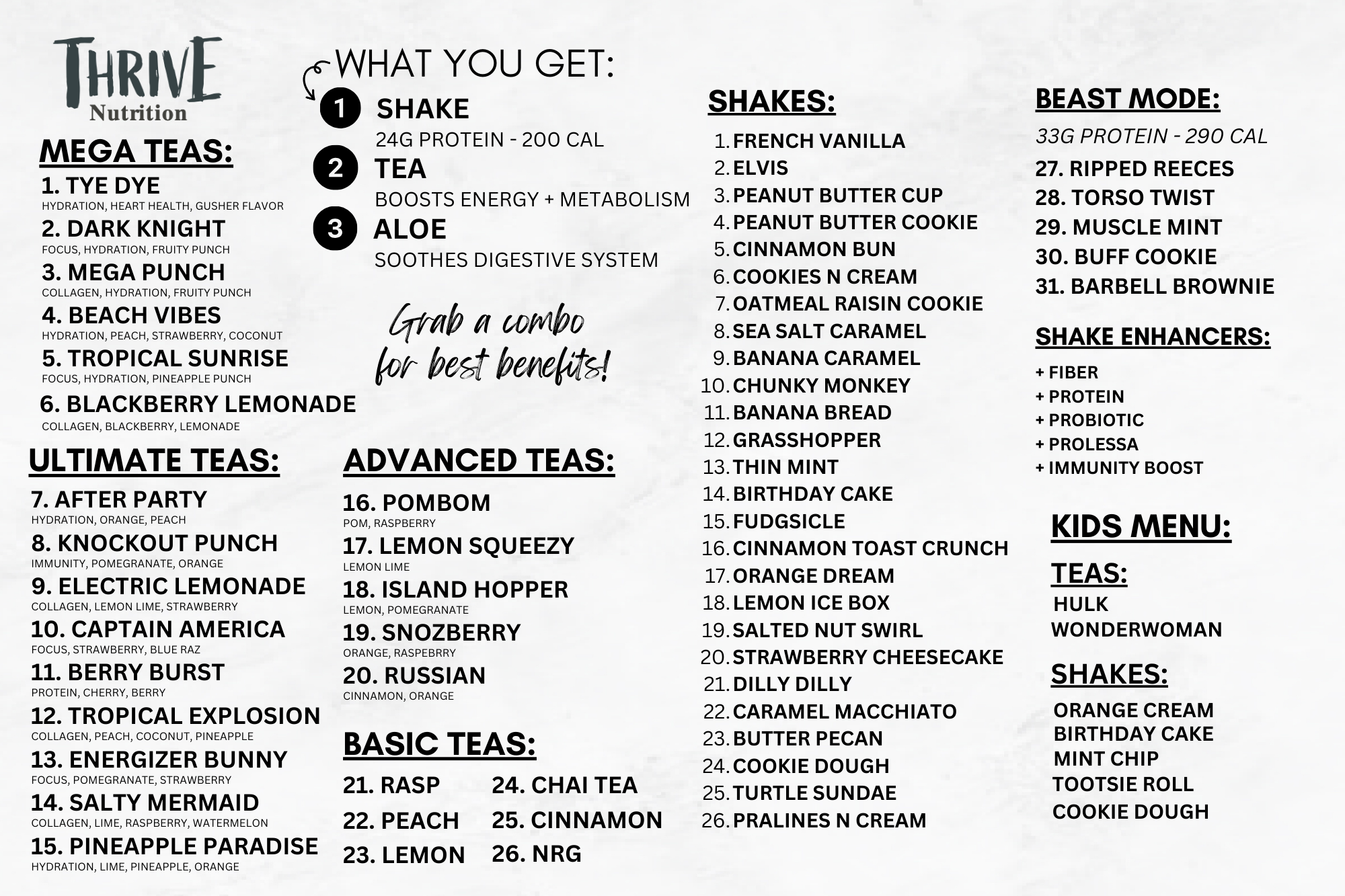Thrive Nutrition Menu