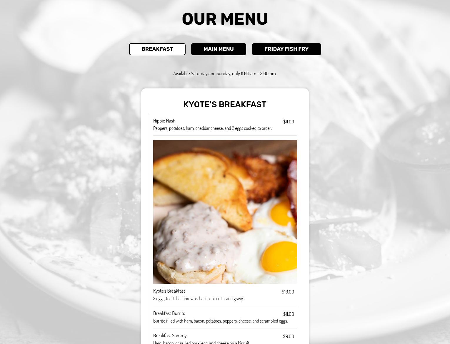 Kyote's Bar & Grill Menu