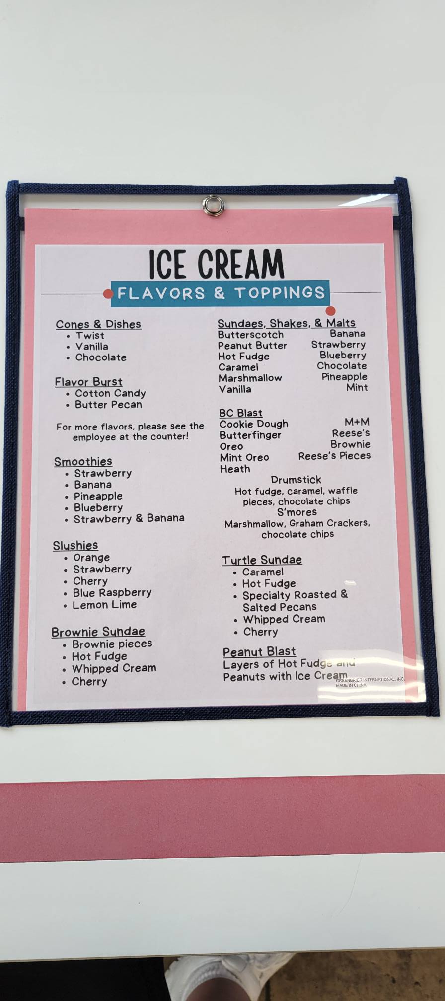 The Ice Cream Shoppe Menu