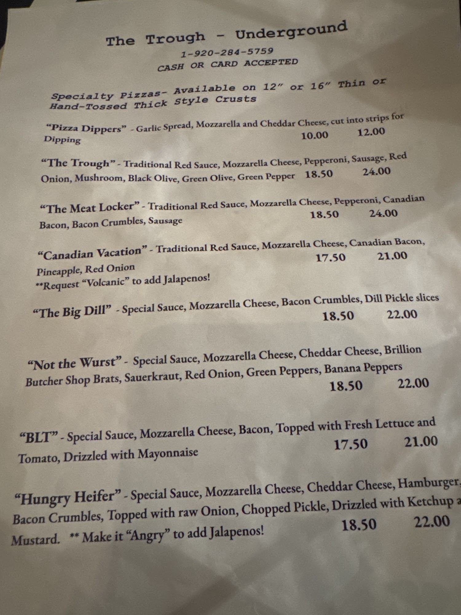 The Trough Underground Menu