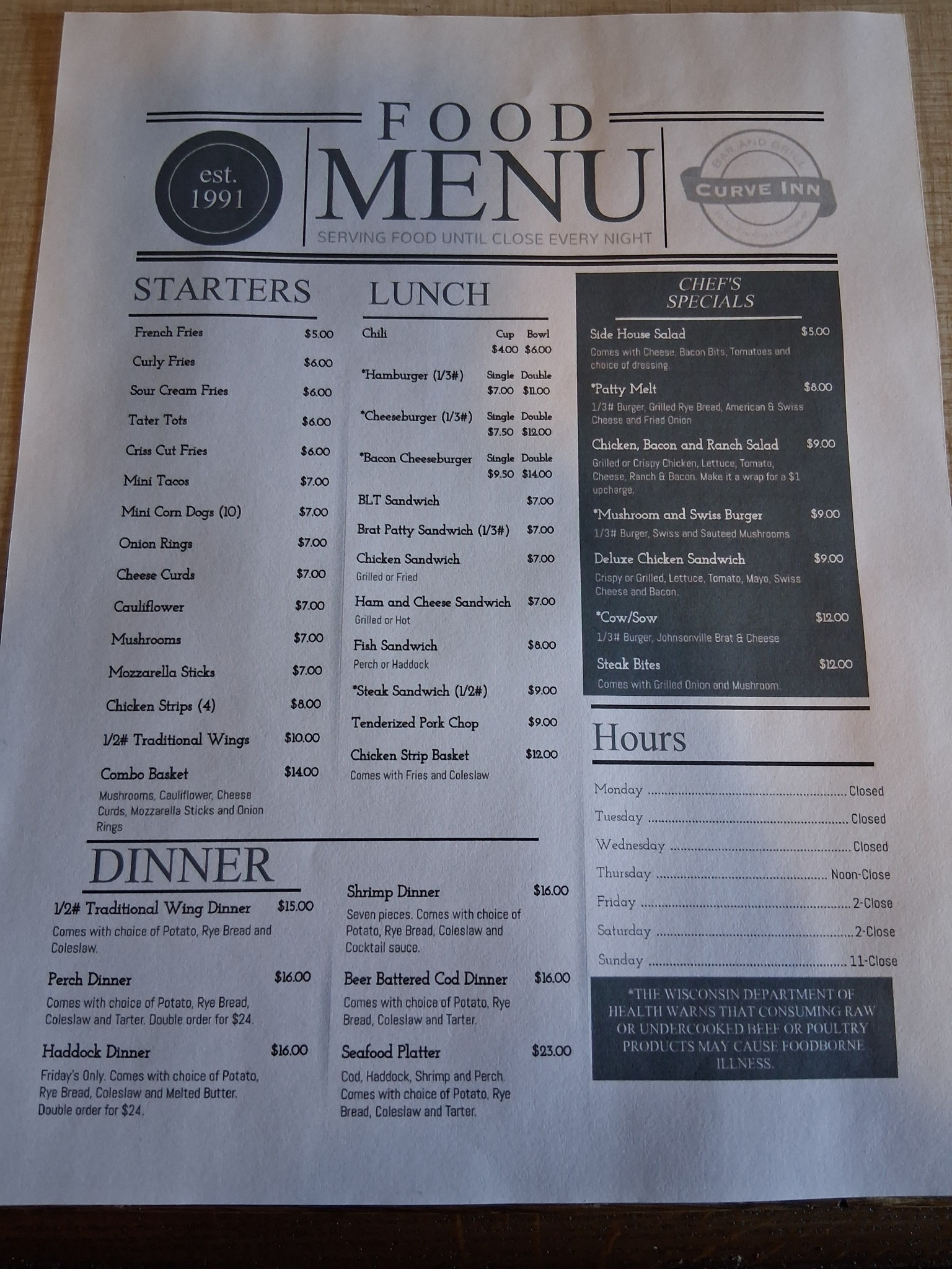 Curve -Inn Menu