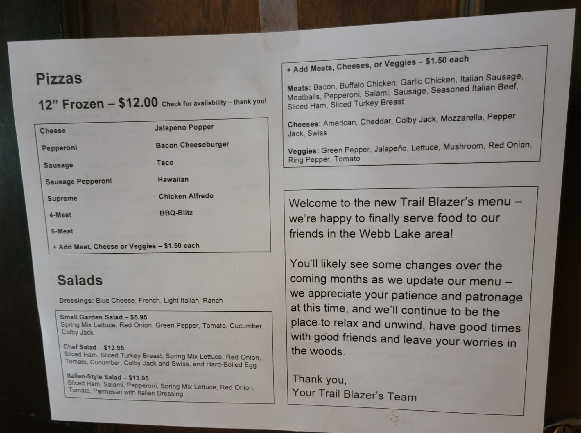 Trail Blazer's Tavern Menu
