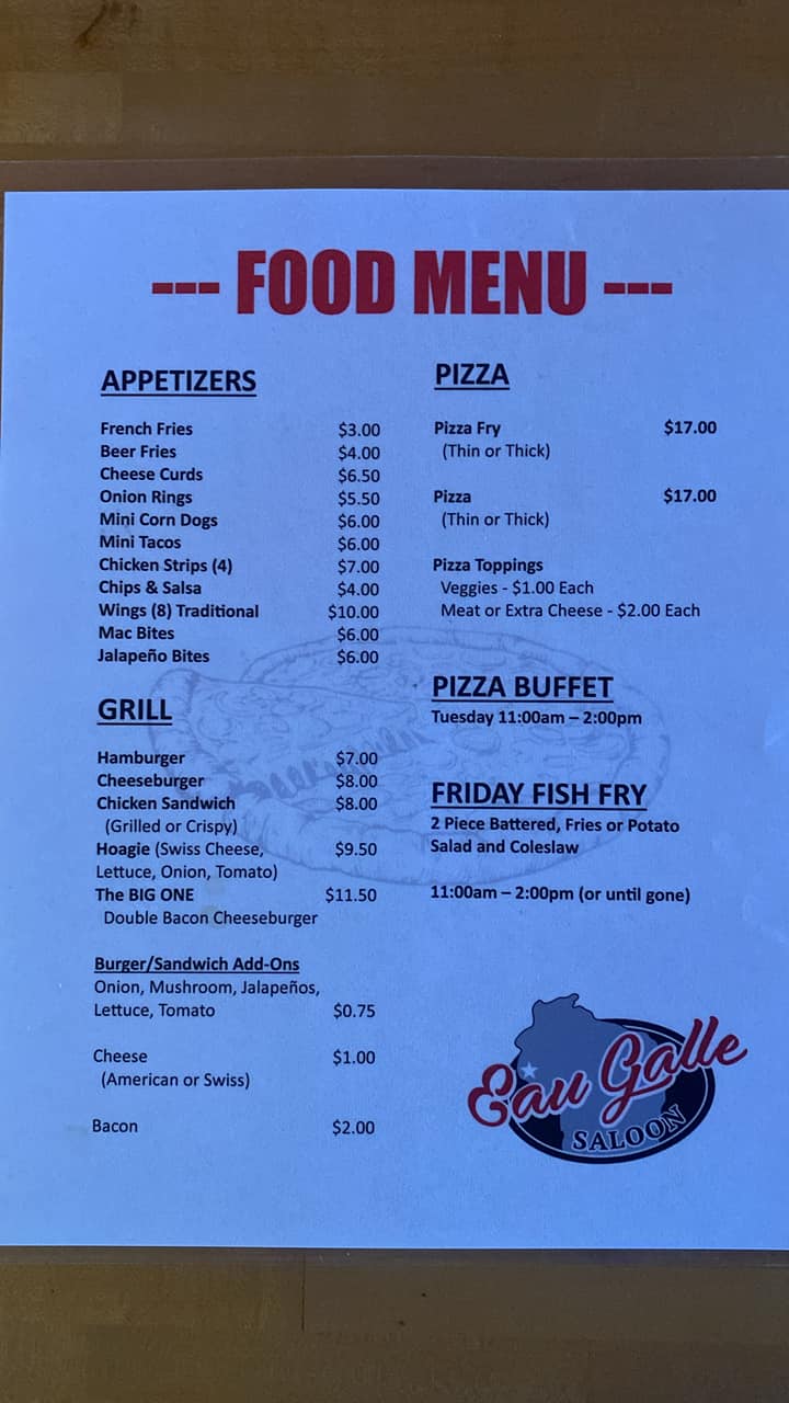 Eau Galle Saloon-Grill Menu