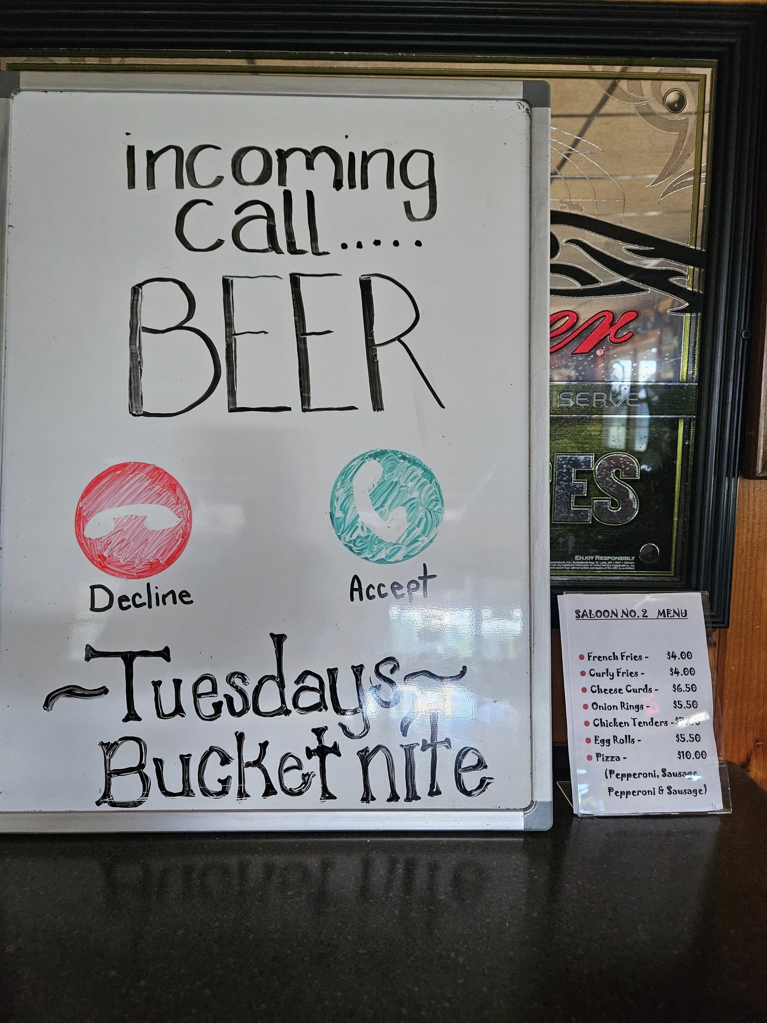 Saloon No. 2 of Spread Eagle WI. Menu