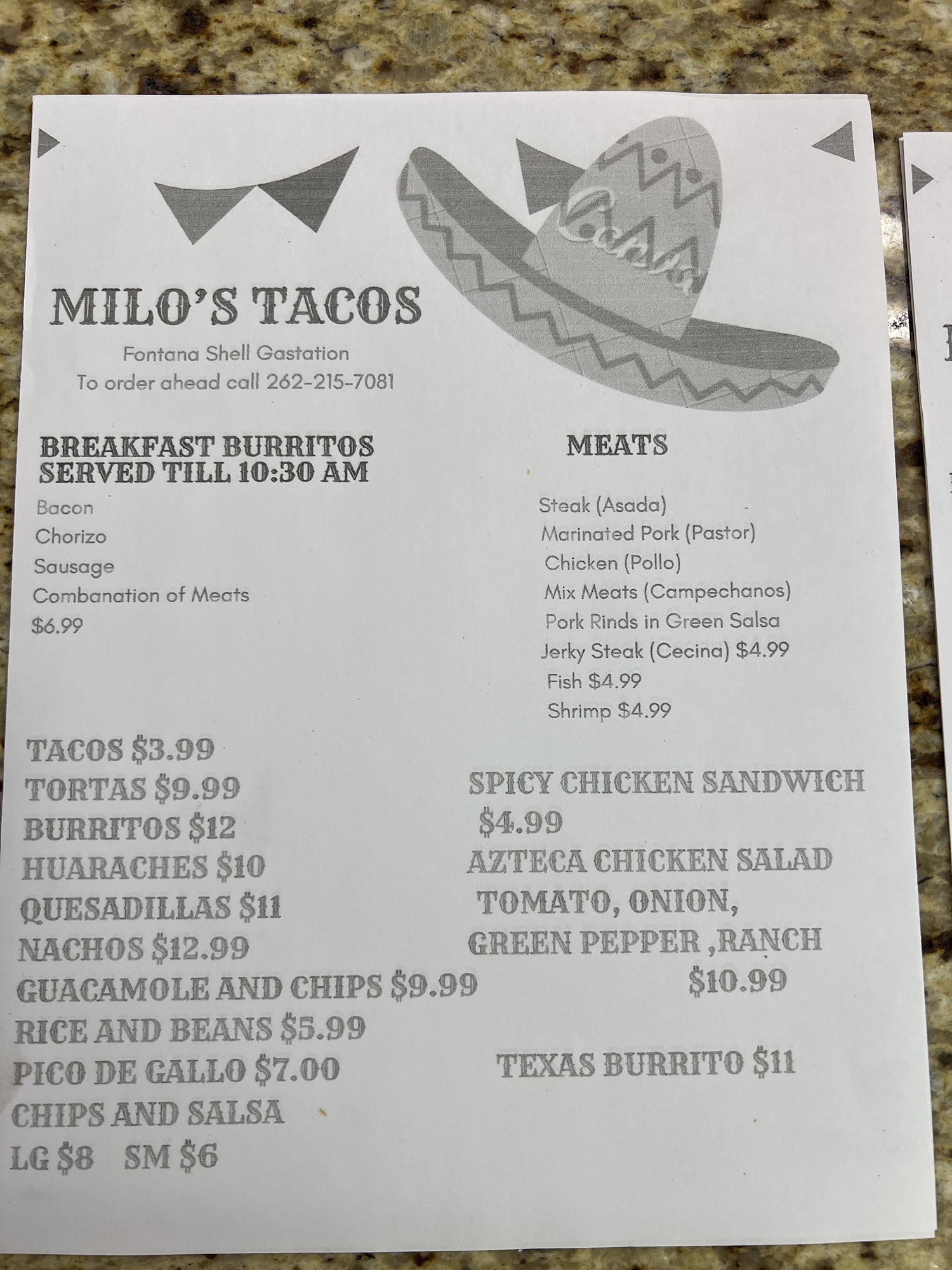 Milo's Taco's Menu