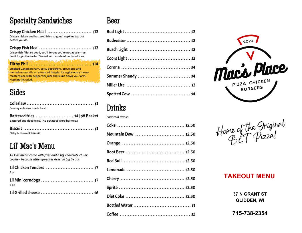 Mac's Place 2 Doors Down Menu