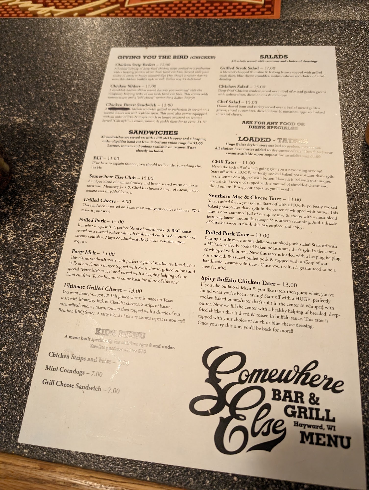 Somewhere Else Bar & Grill Menu