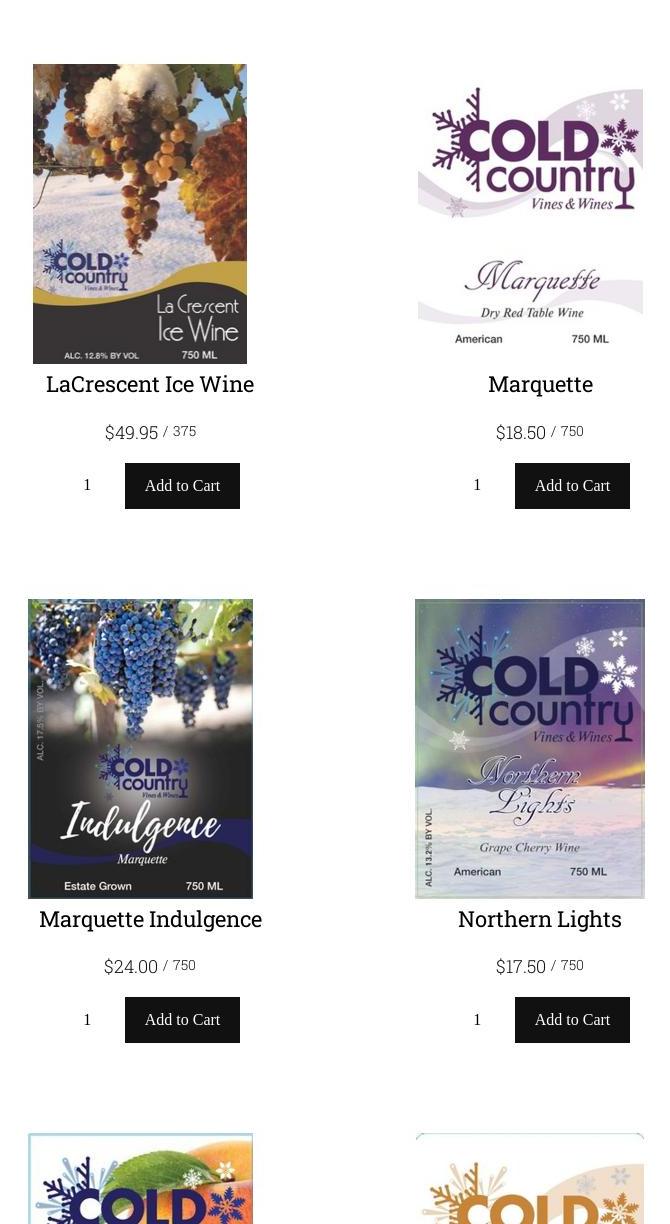 Cold Country Vines & Wines Menu