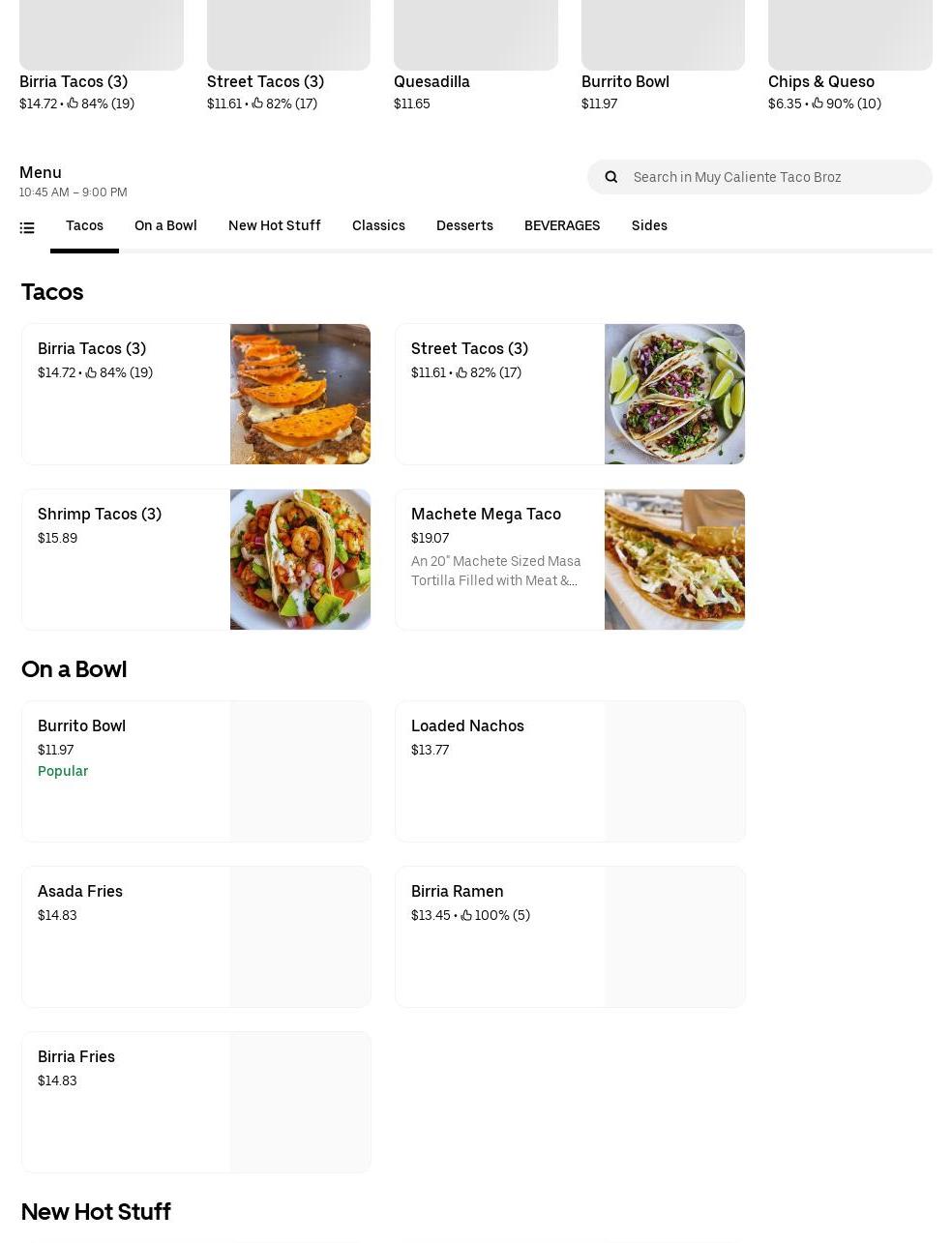 Muy Caliente Taco Broz llc Menu