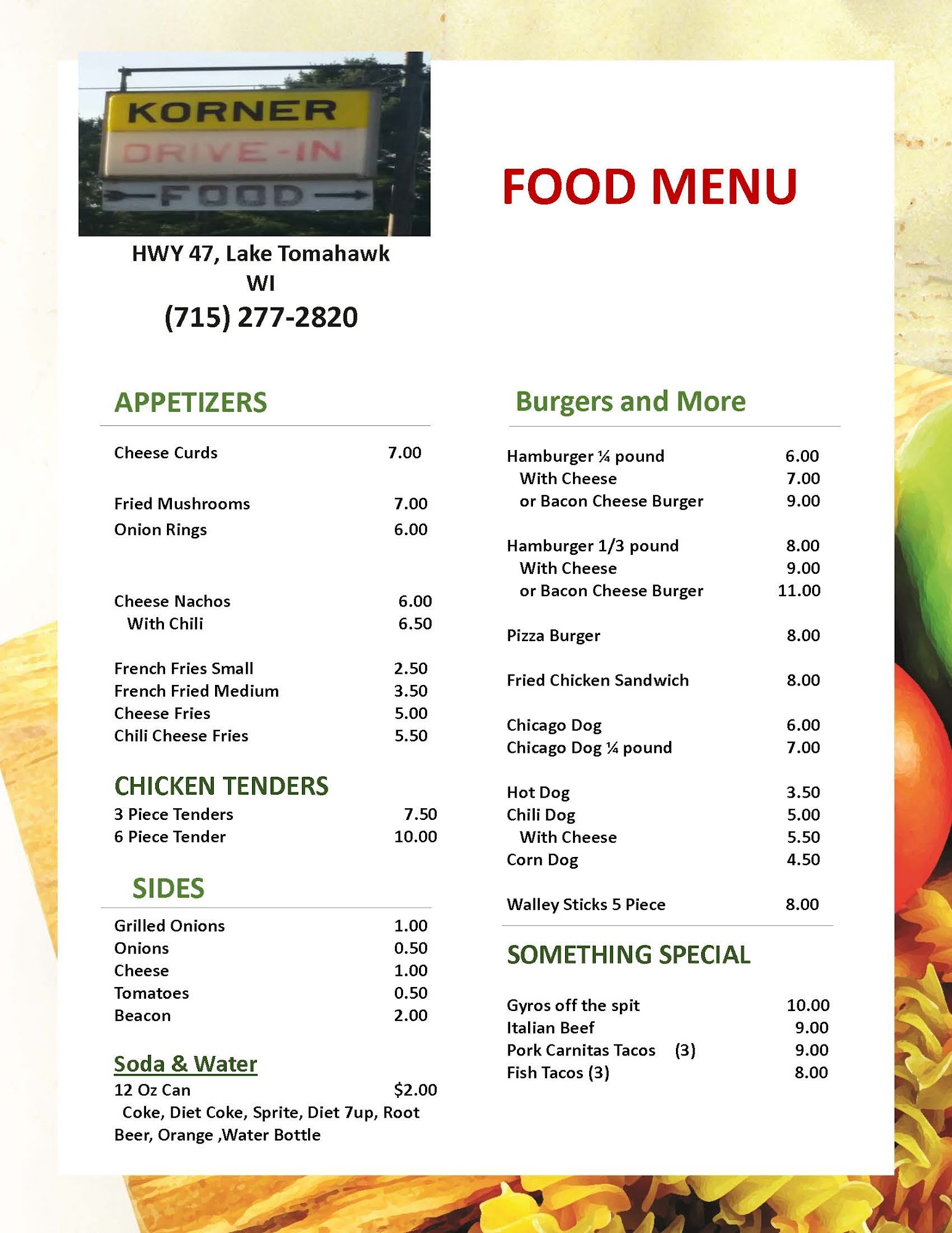 Korner Drive-In Menu