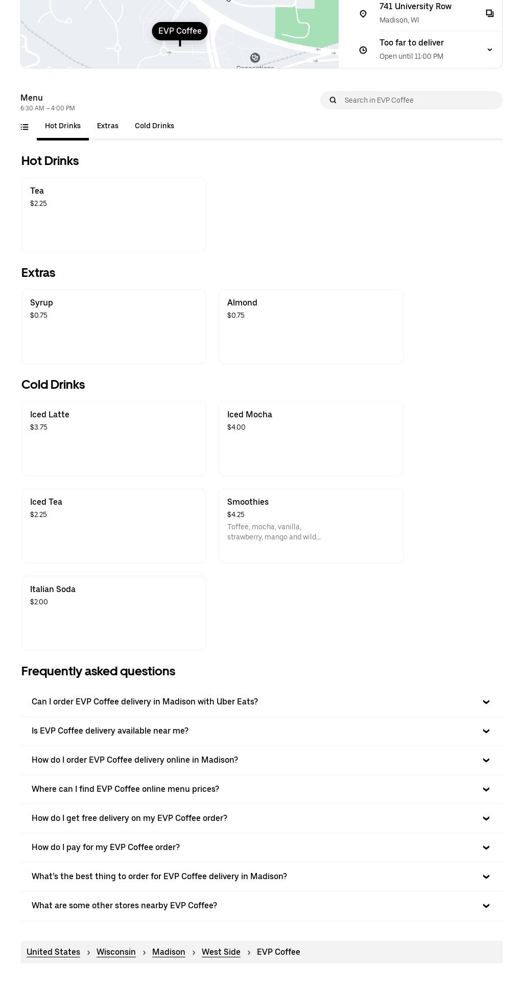 EVP Coffee University Row Menu