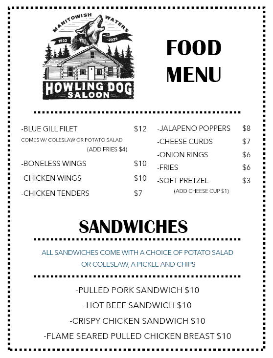Howling Dog Saloon Inc Menu