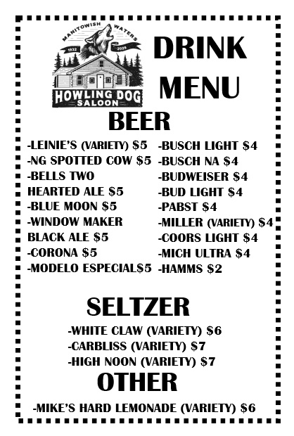 Howling Dog Saloon Inc Menu