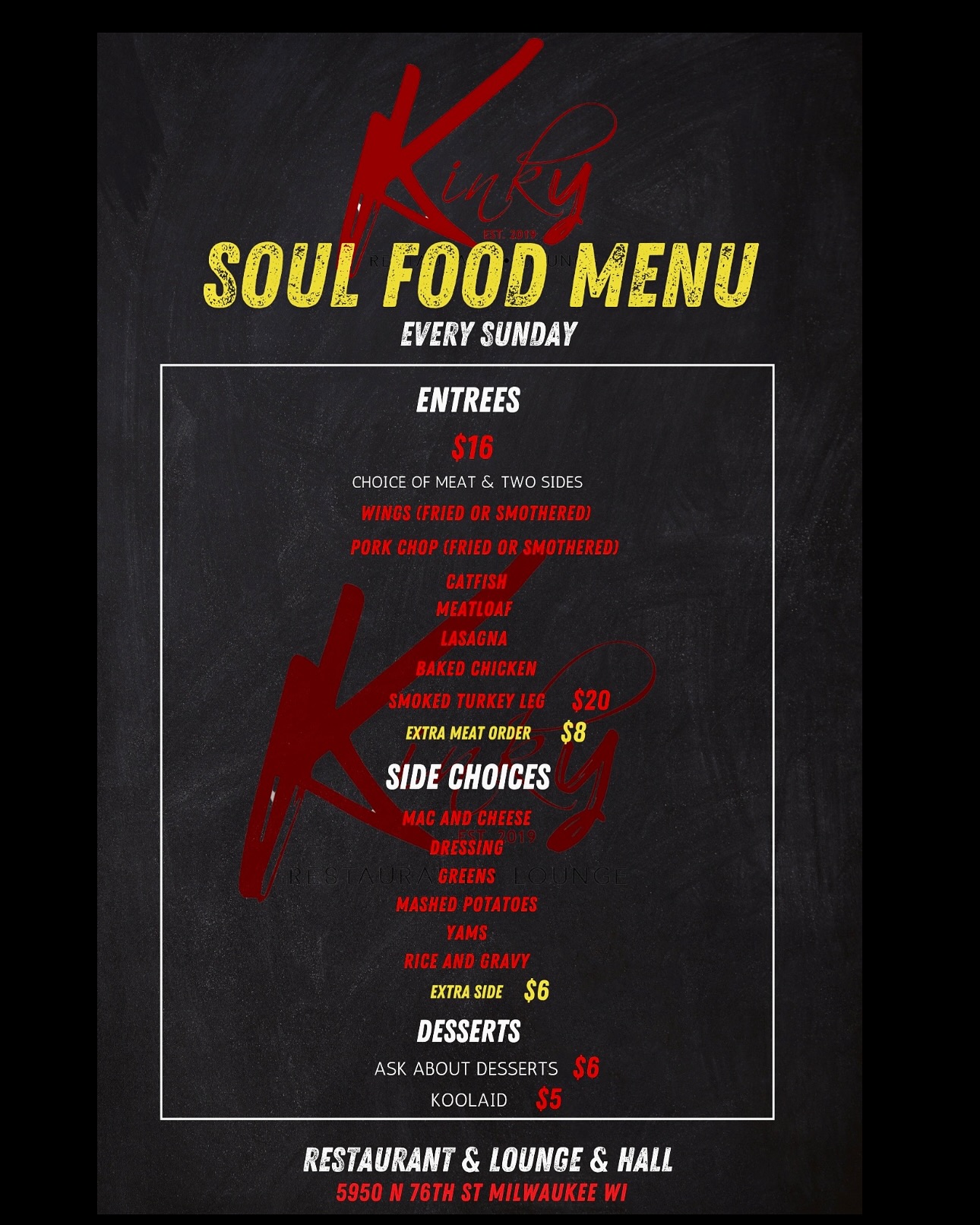 Kinky Restaurant Lounge & Hall Menu