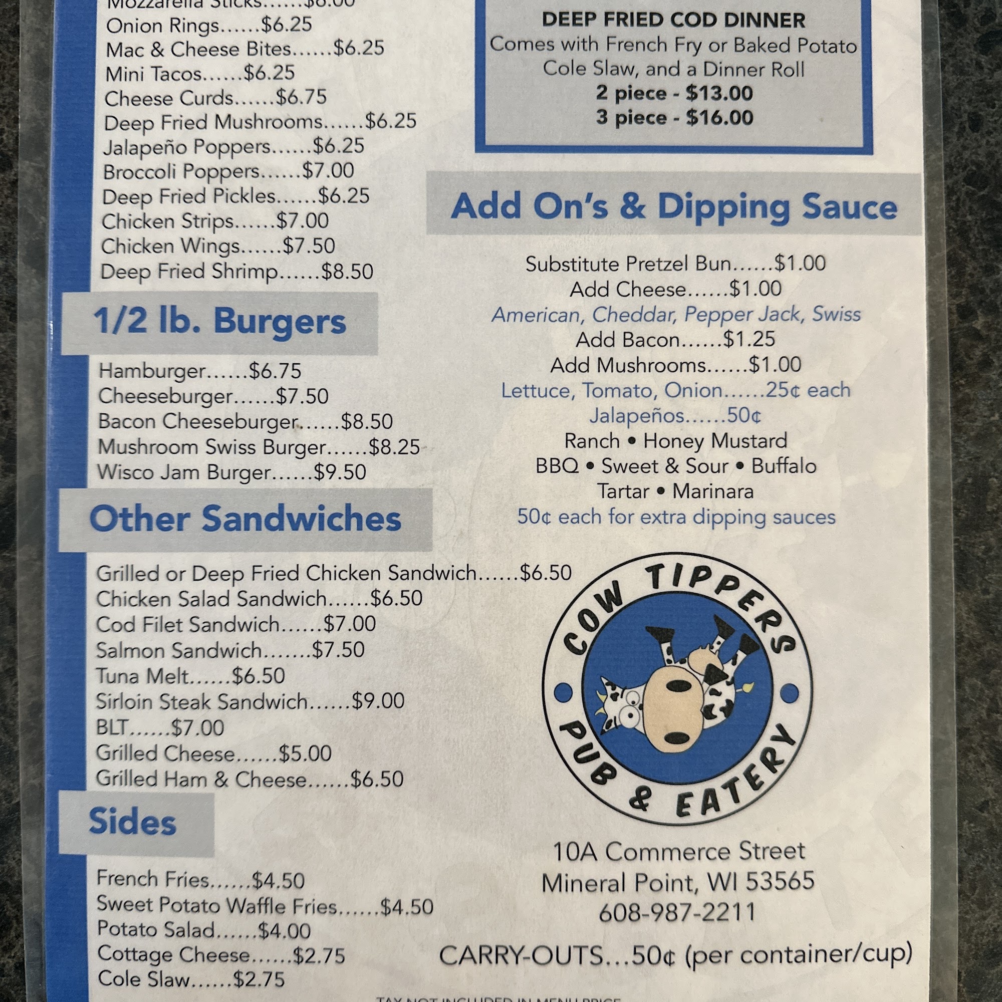 Cow Tippers Pub & Eatery Menu