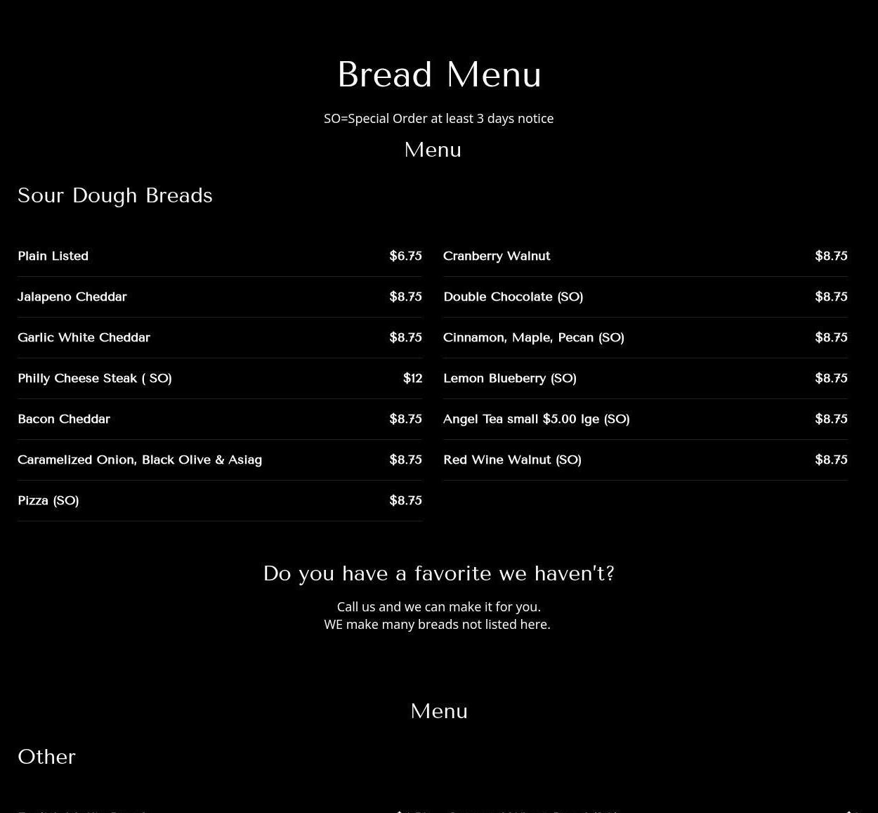 Kathleen's Flour Bin Menu