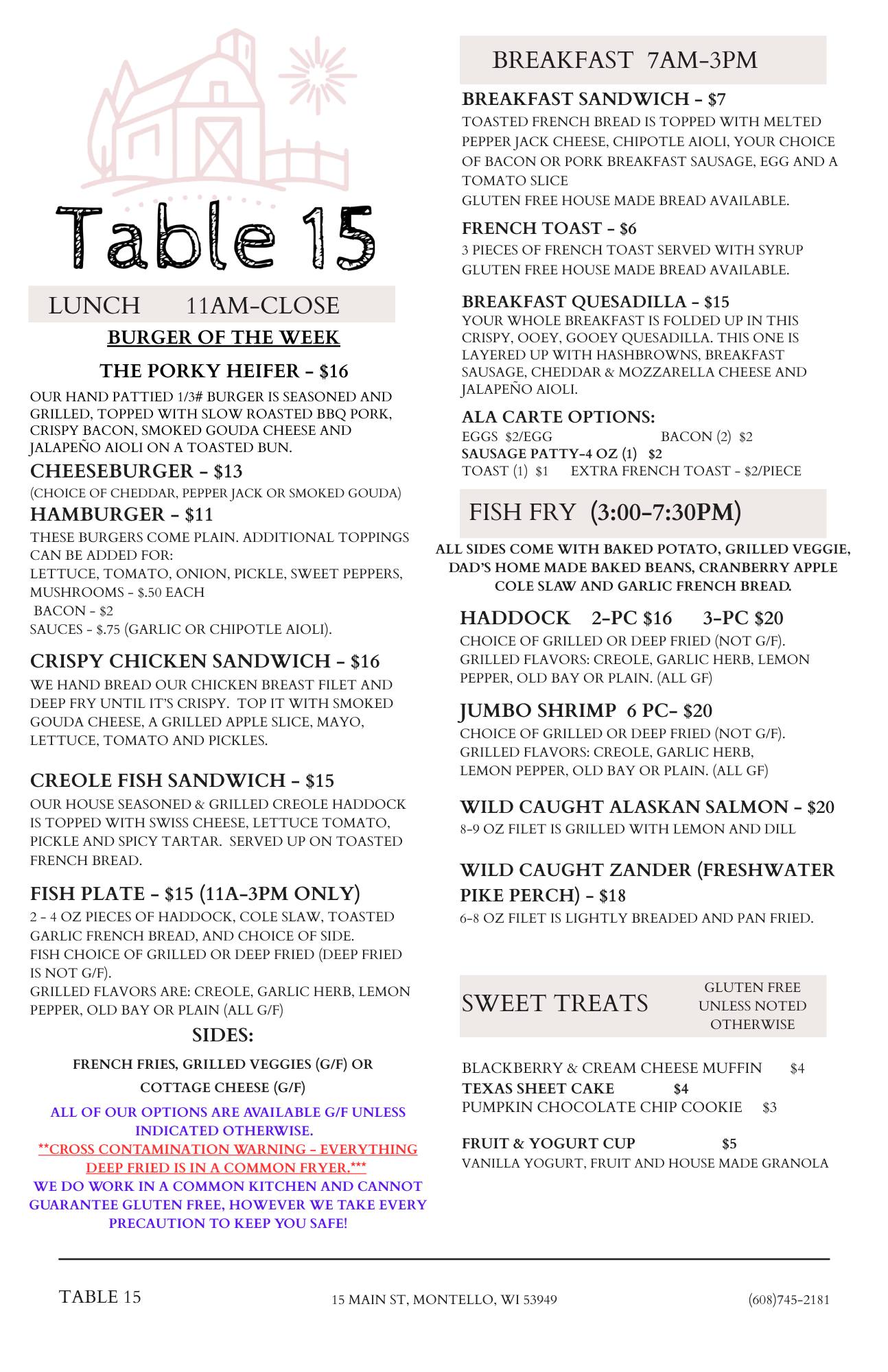 Table 15 Menu