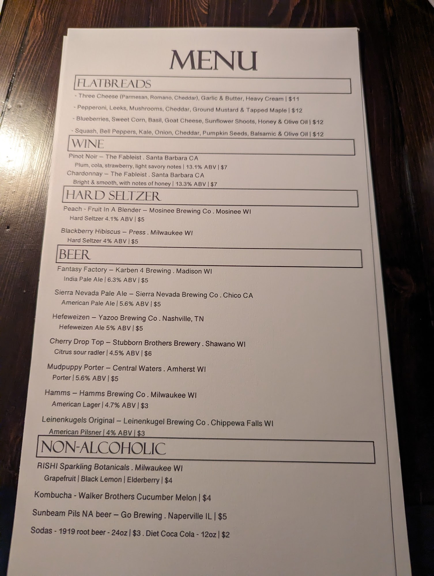 Downtown Bird Menu