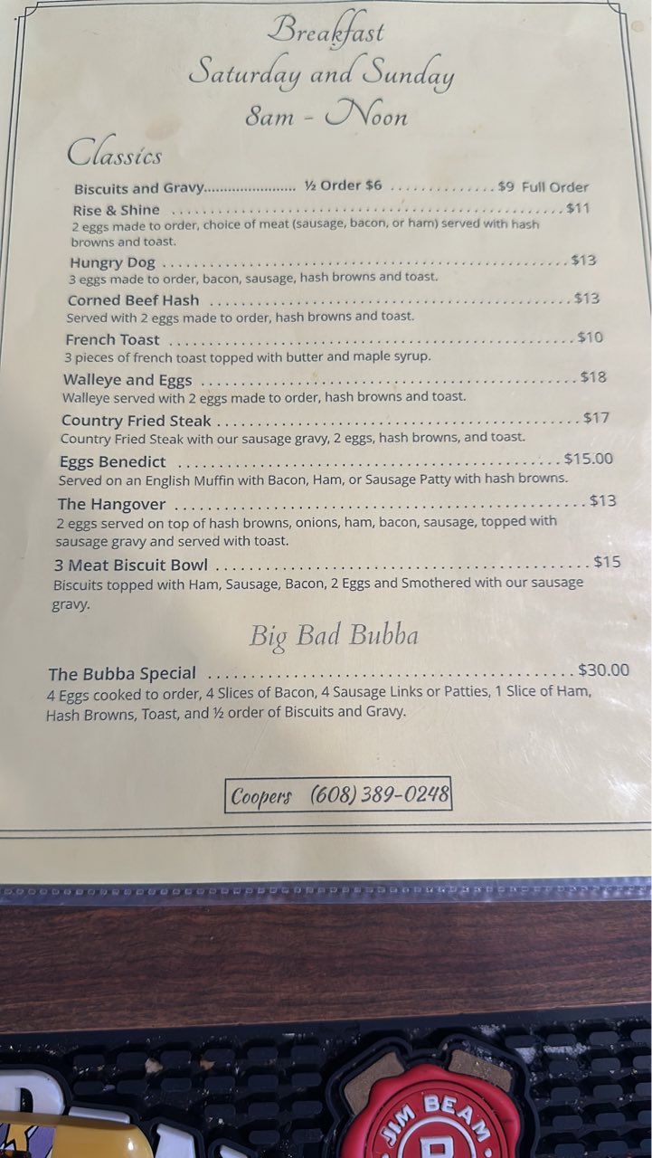 Cooper's bar and grill Menu