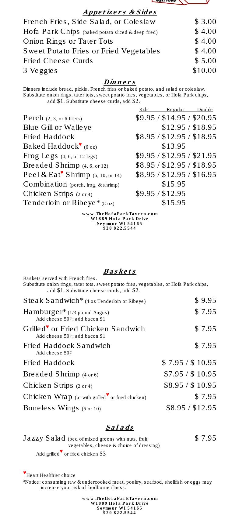 The Hofa Park Tavern Menu