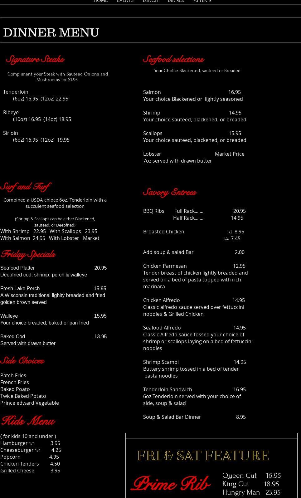 Cotton Patch Supper Club Menu