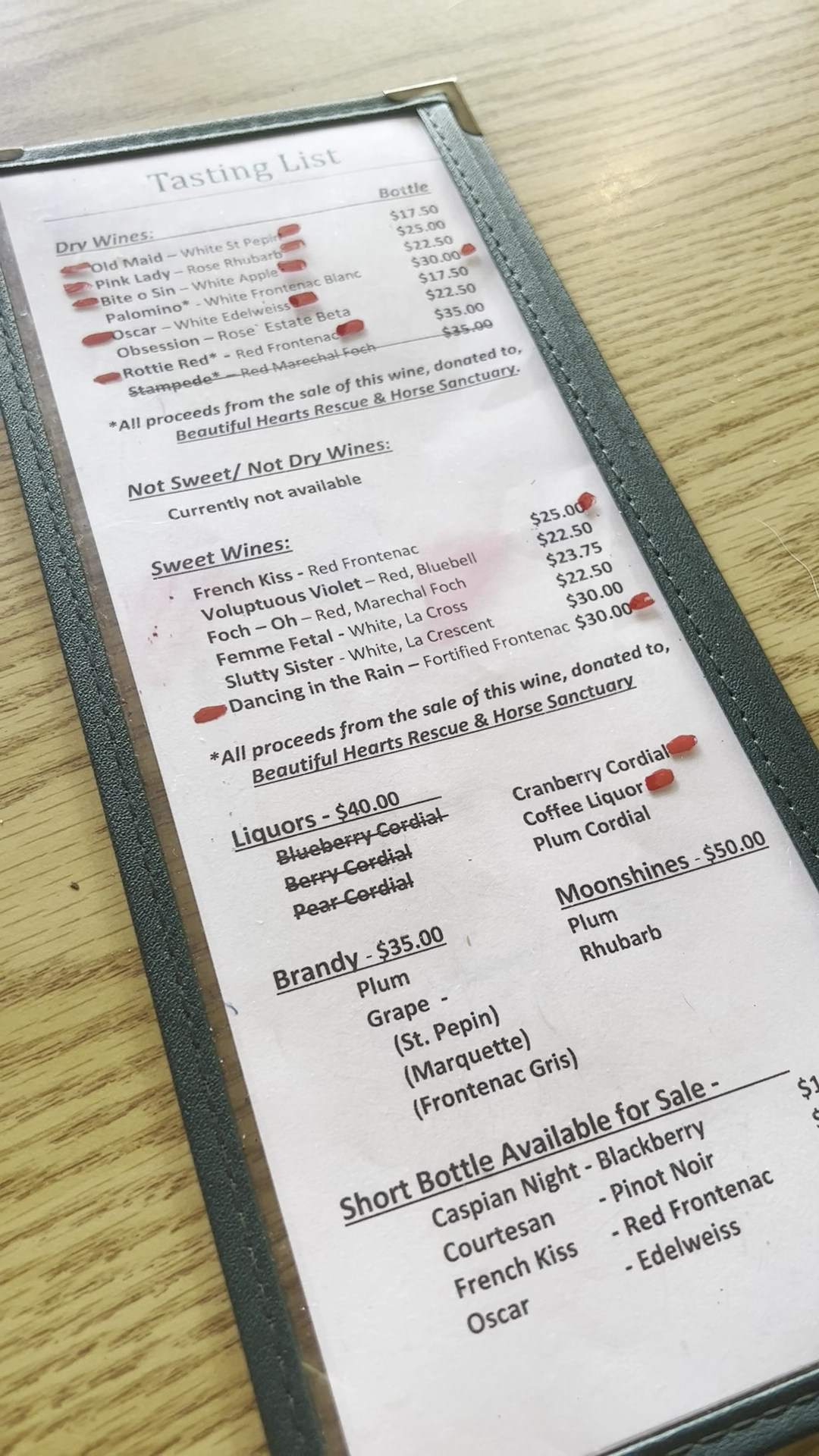 Clover Meadow Winery Menu