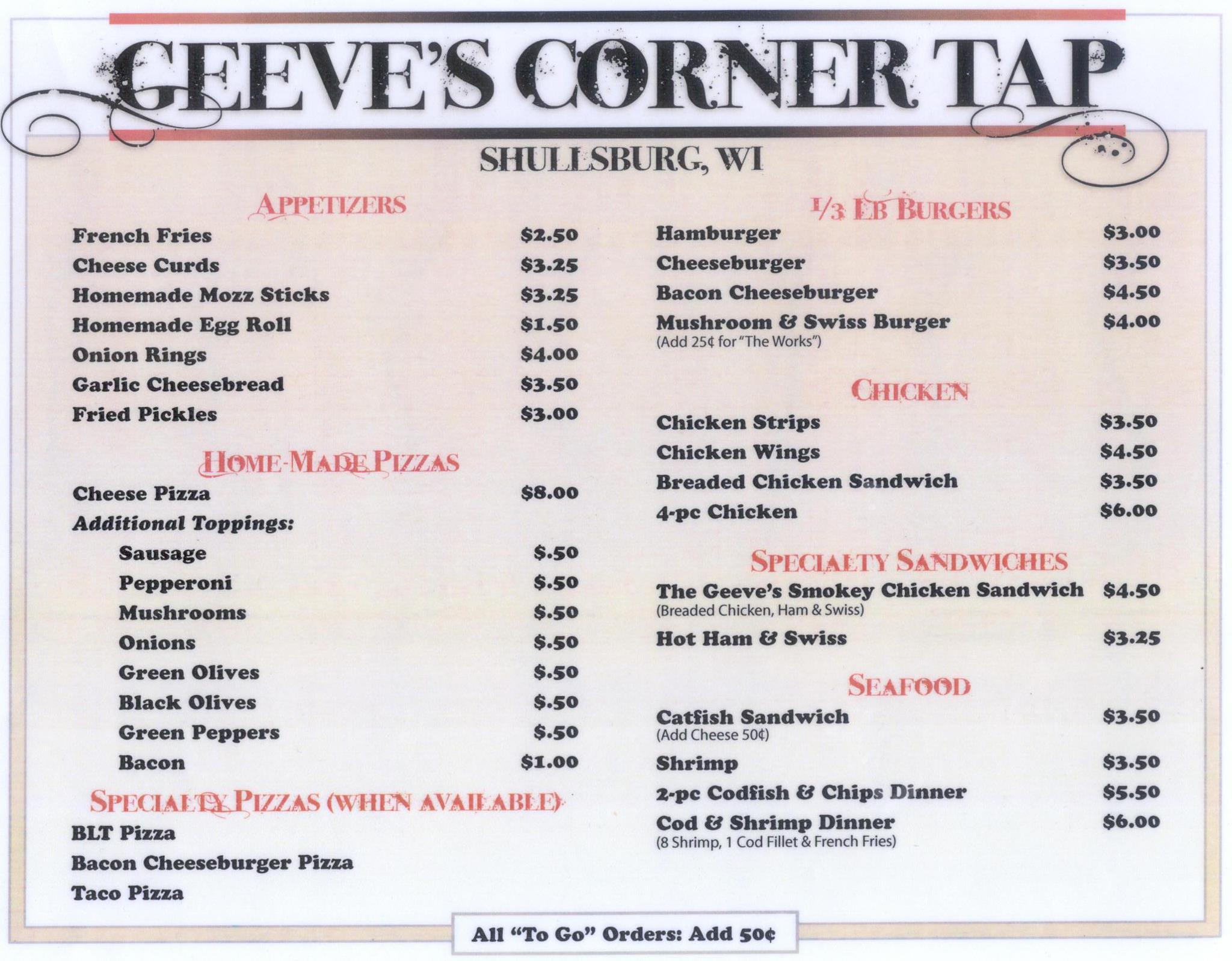 Geeve's Corner Bar Menu