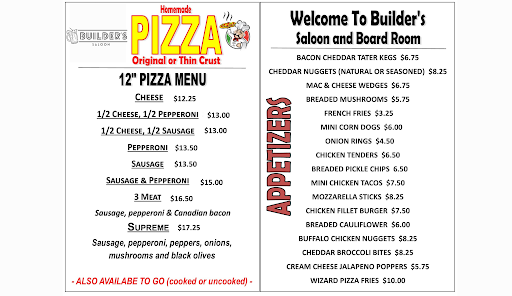 Builder's Saloon Menu