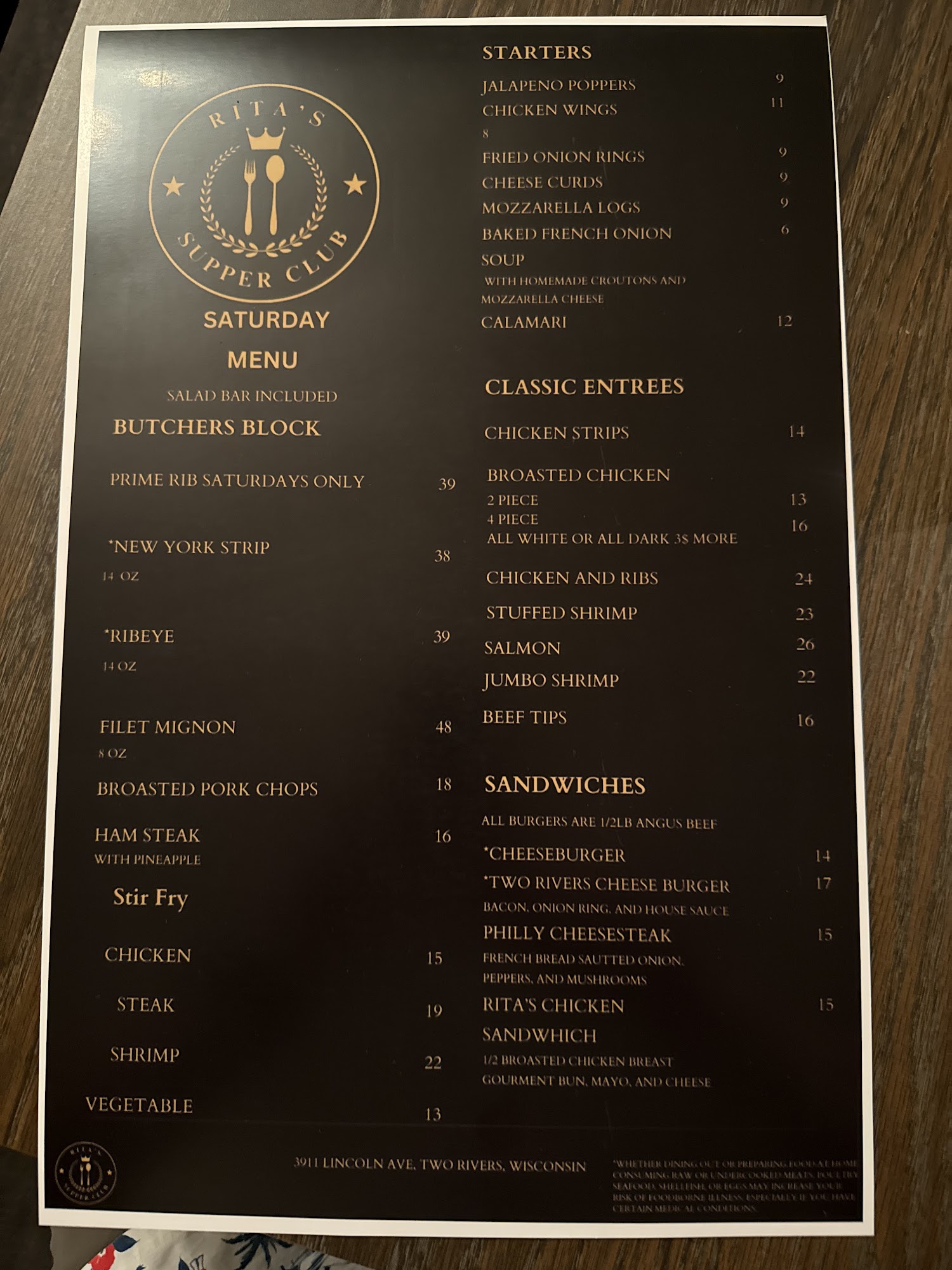 Rita's Supper Club Menu