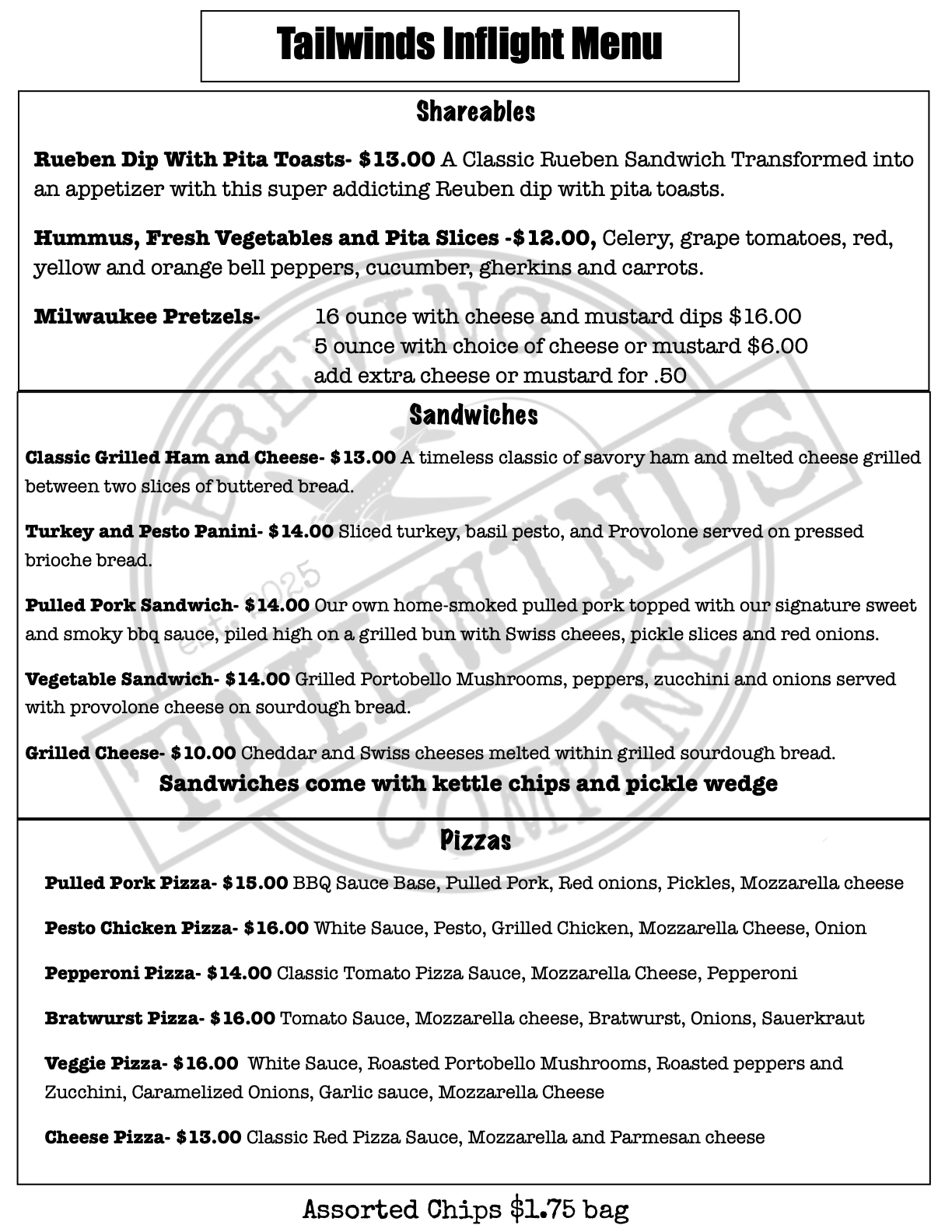 Tailwinds Brewing Company Menu