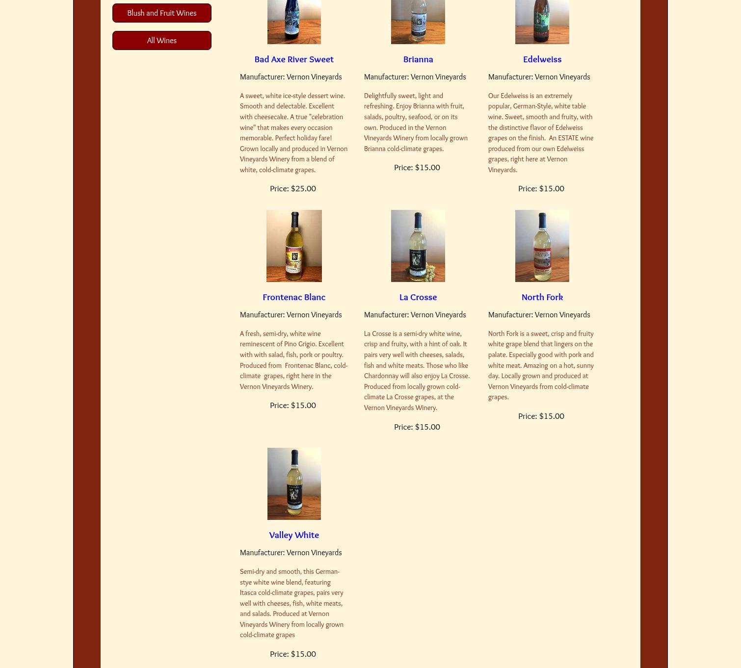 Vernon Vineyards Menu