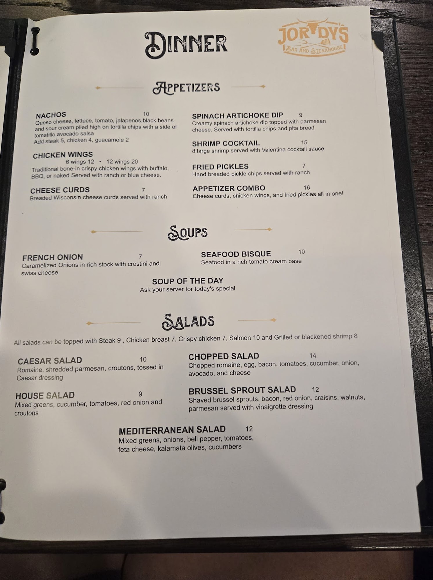 Jordy's Bar & Steakhouse Menu