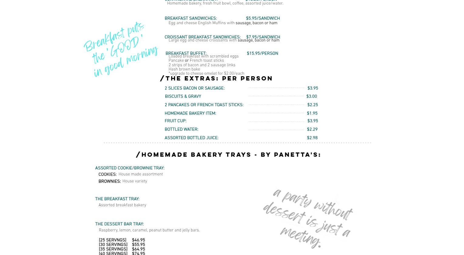 Panetta's Catering MIlwaukee, Waukesha Menu